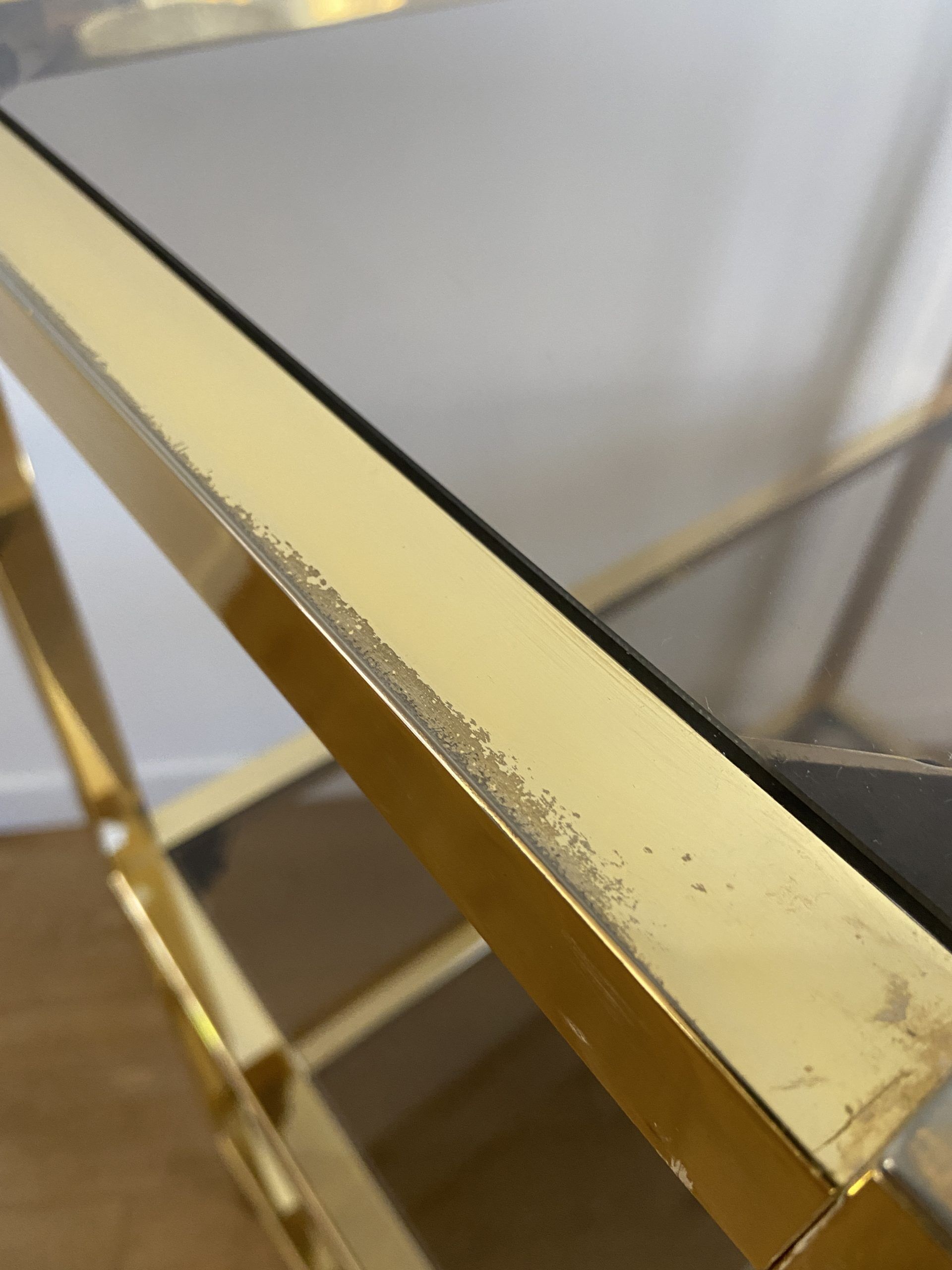VINTAGE SHELF CONSOLE IN GOLD METAL AND SMOKED GLASS