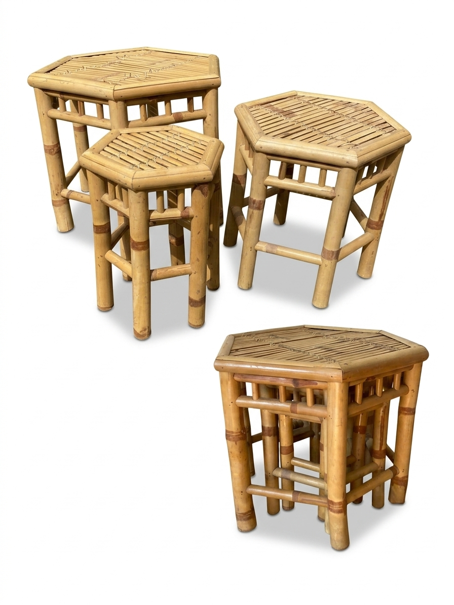 Set of three vintage rattan side tables.