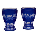 Pair of cut cobalt blue Bohemian crystal glasses on stems — Circa 1900