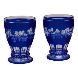 Pair of cut cobalt blue Bohemian crystal glasses on stems — Circa 1900