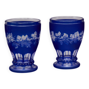 Pair of cut cobalt blue Bohemian crystal glasses on stems — Circa 1900