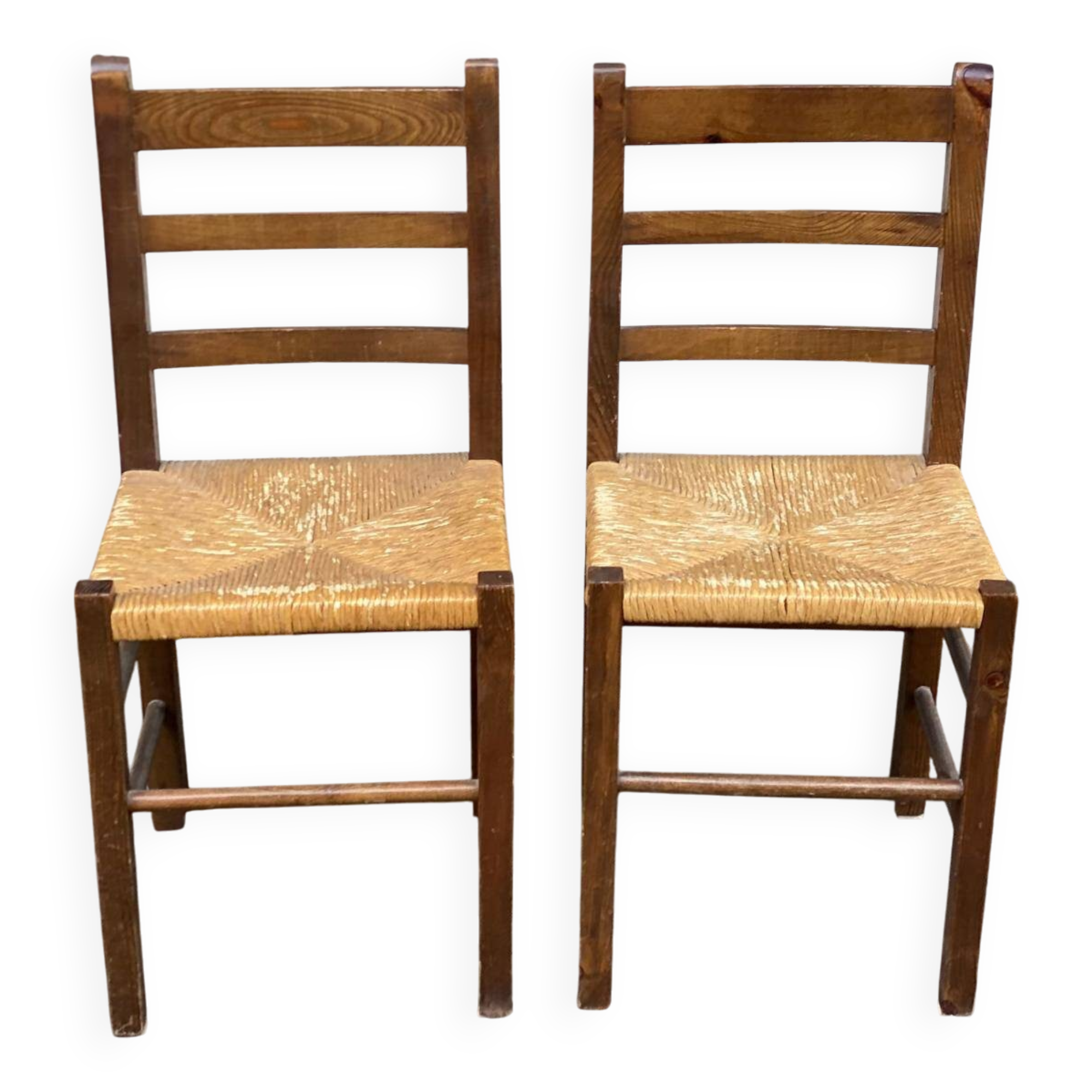 2 solid wood and straw chairs