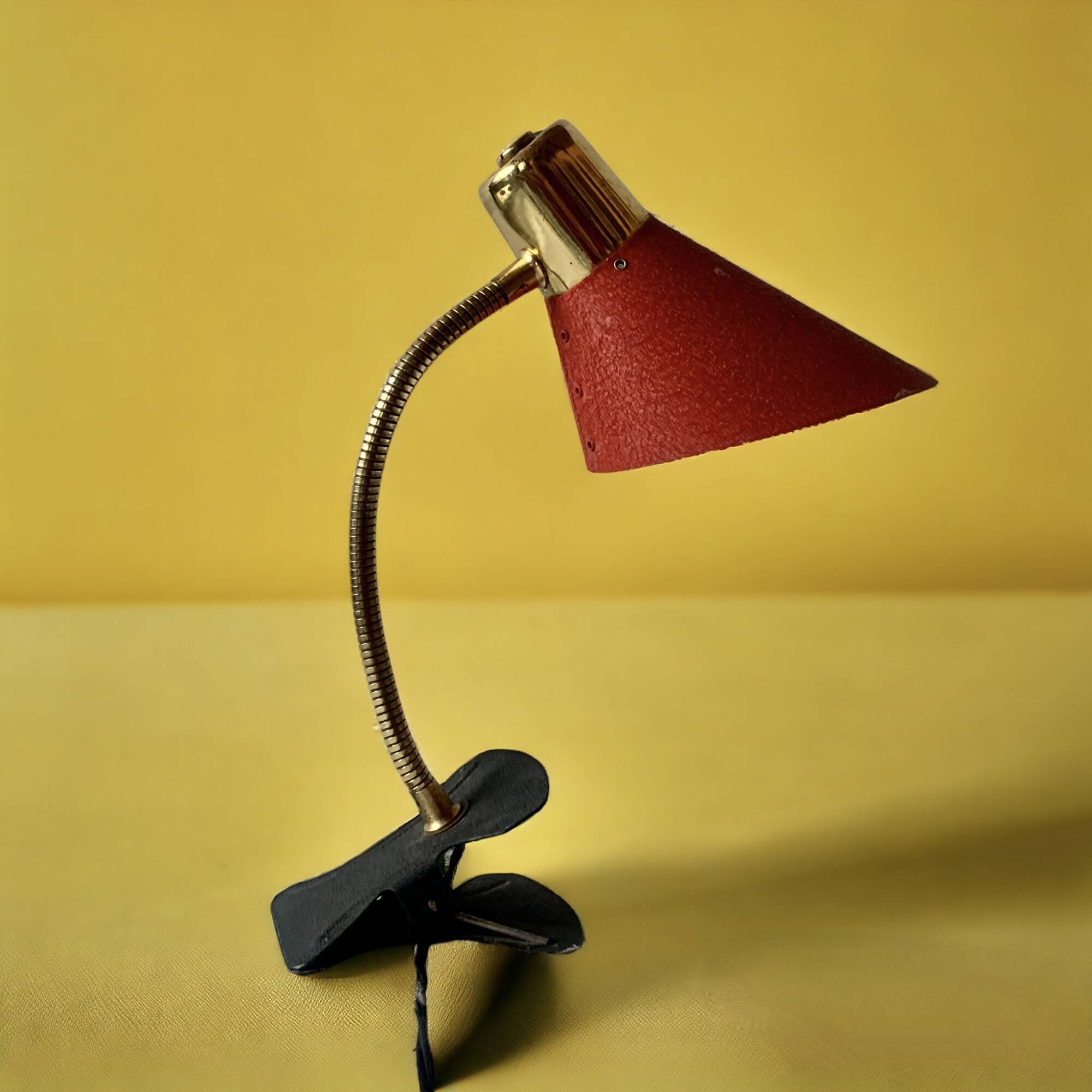 Brass and red painted metal clamp desk lamp - 1950s