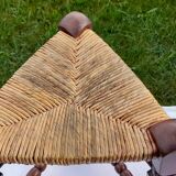 Straw and wooden triangle tripod stool H 47 cm