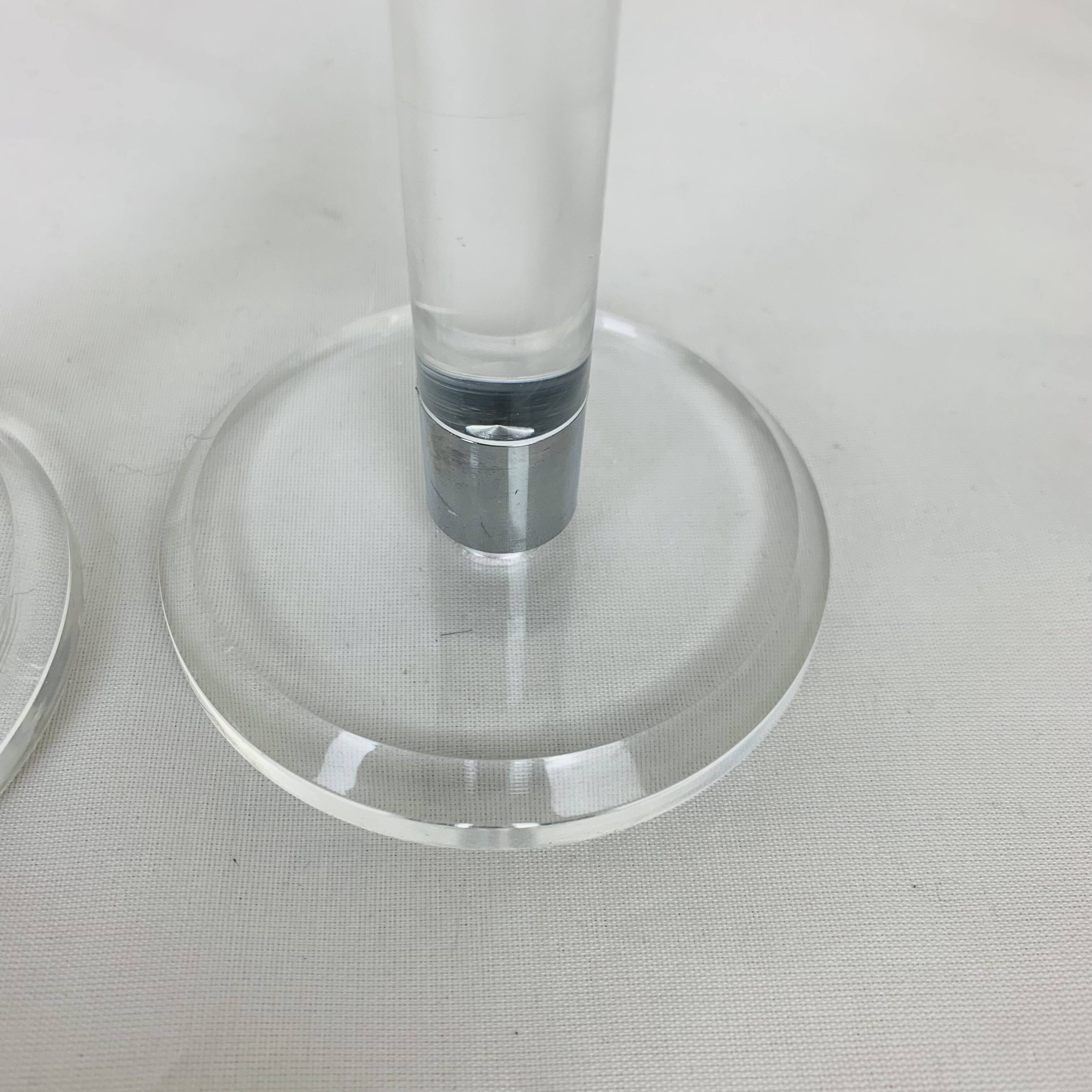 Pair of vintage plexiglass and chrome metal candlesticks