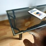 Vintage golden 70s coffee table and space age smoked glass