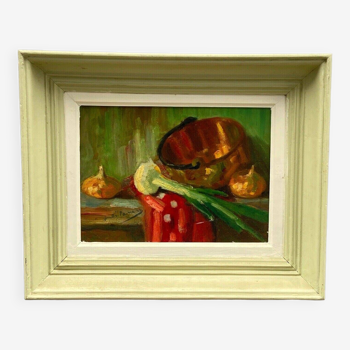 Oil on panel by André Penas signature to identify still life with vegetables 20th century