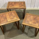 Set of 3 teak nesting tables with tiled top from the 70s