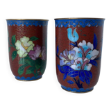 Two miniature vases in gilded copper and polychrome cloisonné enamels. Vintage Chinese work.
