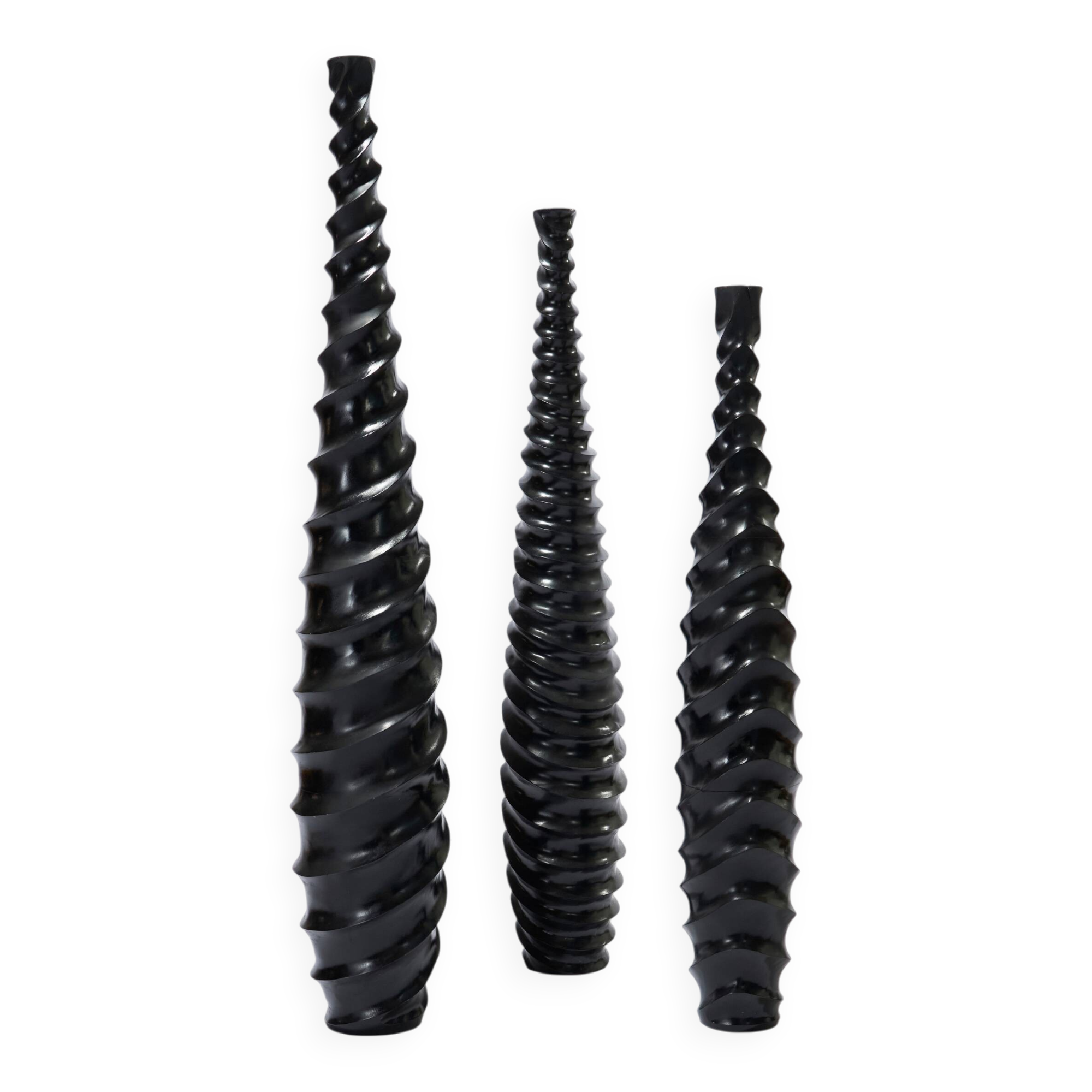 Set of 3 large black vases made of wood and black lacquered.