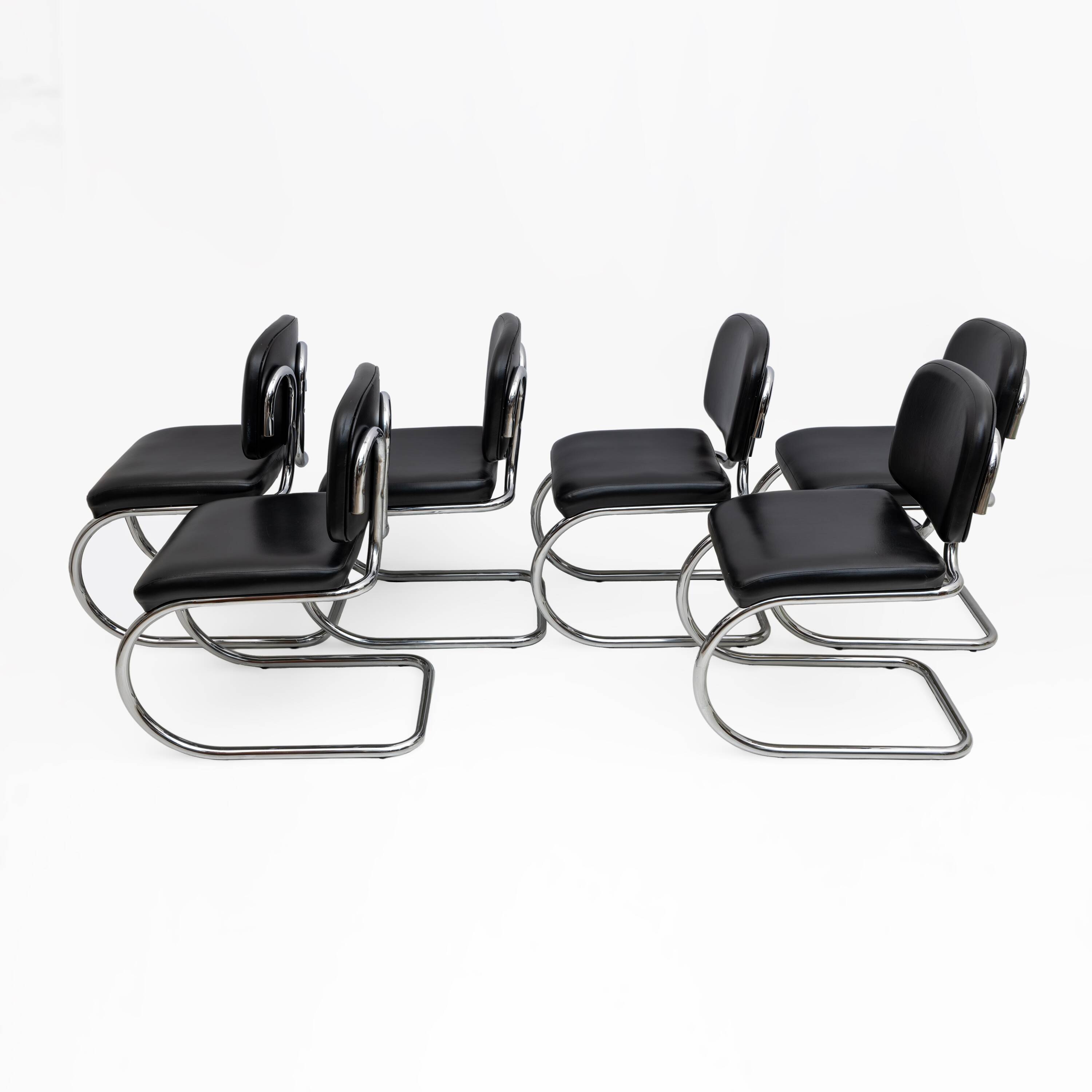 Six of Leatherette and Metal Chromed Cantilever Dining Chairs