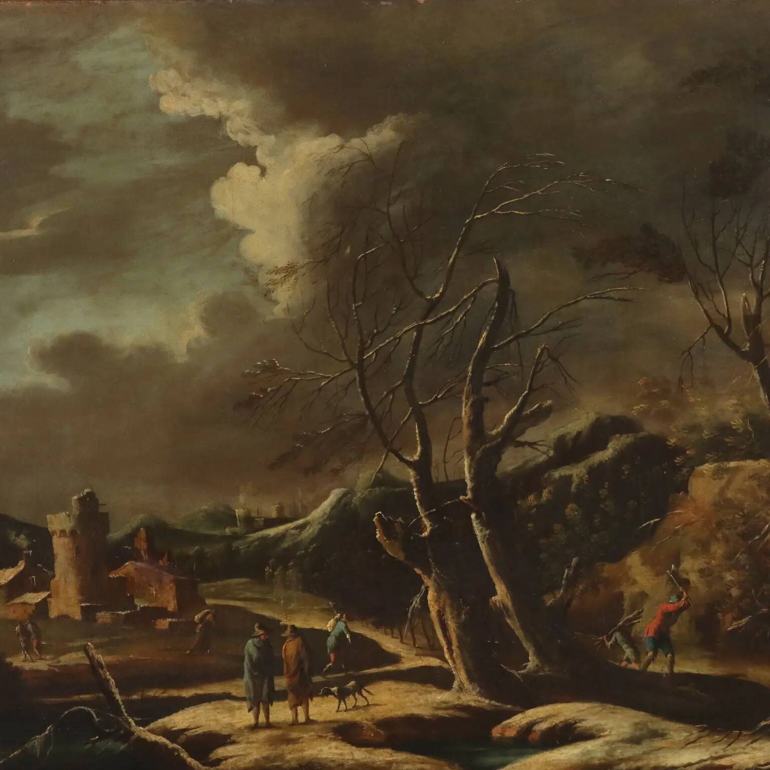 Ancient table, influence of Marco Ricci, winter landscape '700