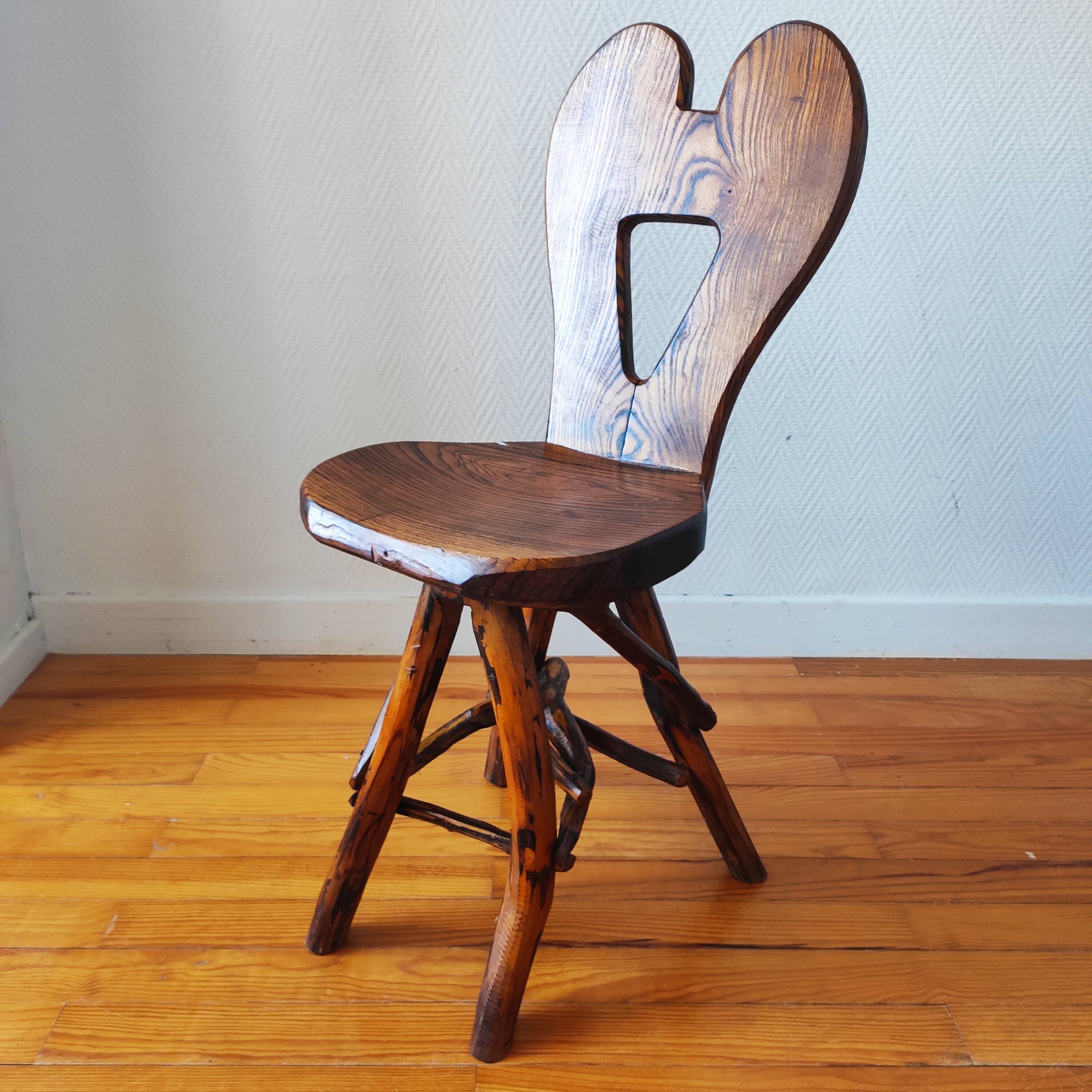 Vintage solid wood chair, popular art, brutalist style, 1950s, heart-shaped backrest.