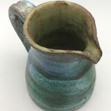 Vintage broc pitcher in enamelled sandstone with effect of blue shades, turquoise green signed