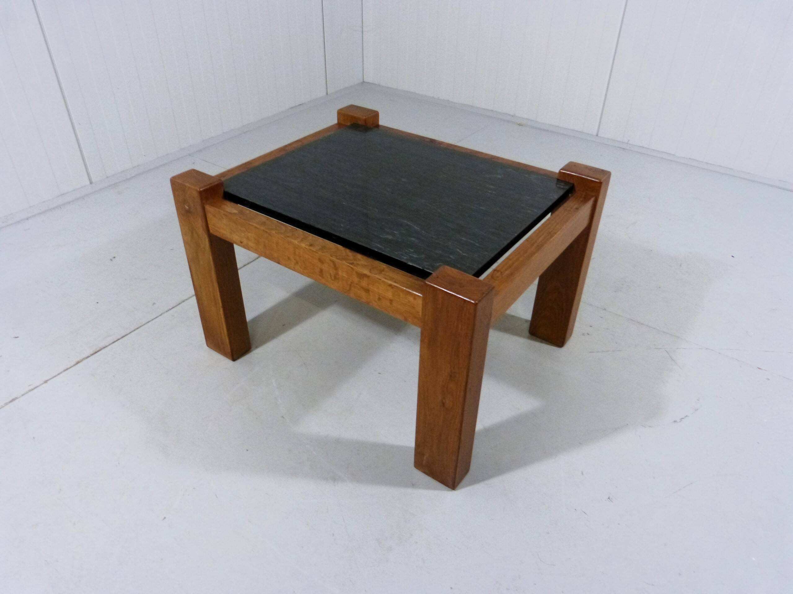Brutalist coffee side table in oak & natural stone 1970's