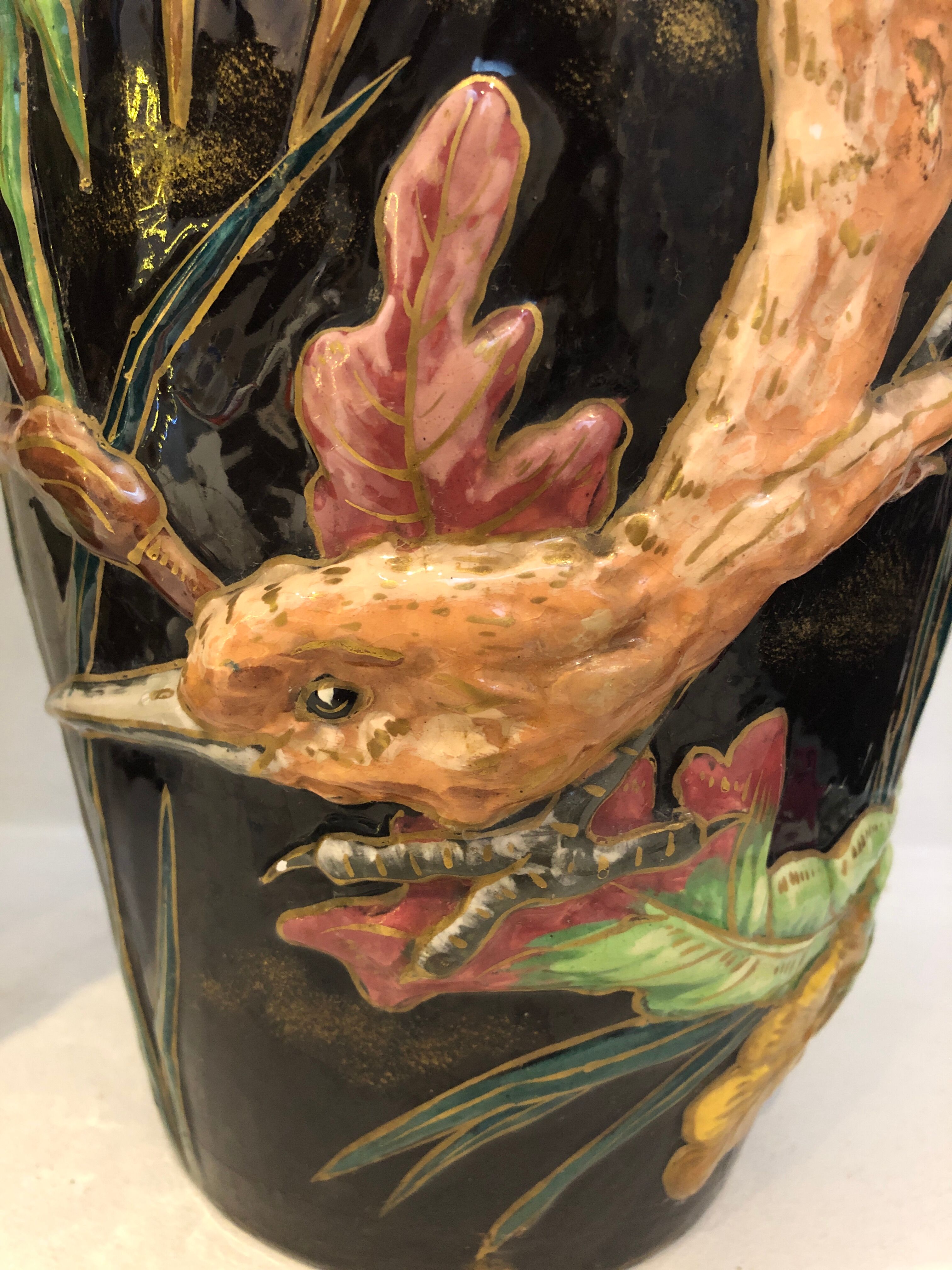 Paire de vases "Aux Hérons" Barbotine Longchamp, début 20ème