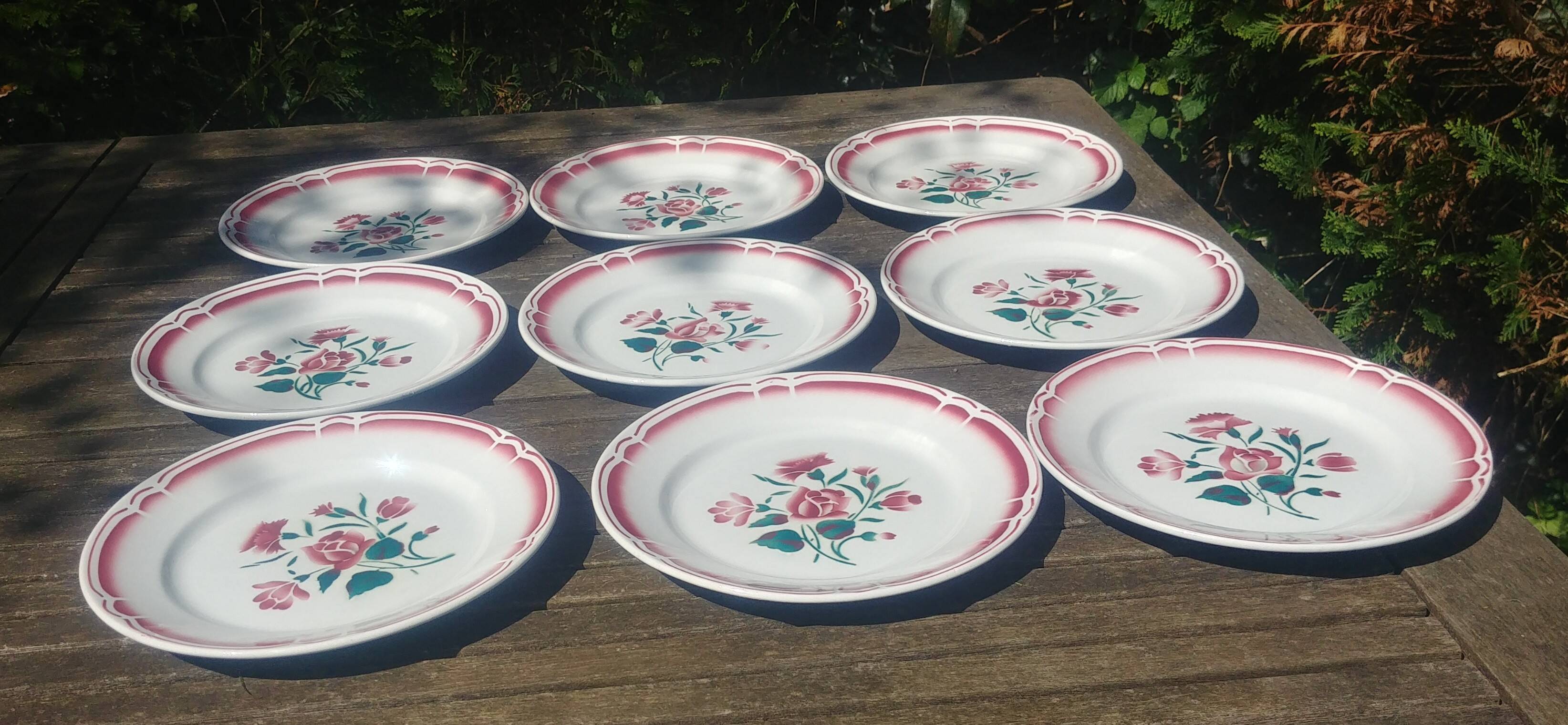 set of nine old flat plates from the 40s/50s with rose decoration