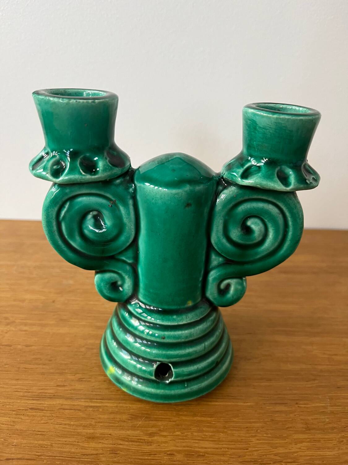 Vallauris green ceramic double candlestick