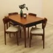Danish extendable dining table, teak veneer, solid wood legs, leaf storage, 1970s