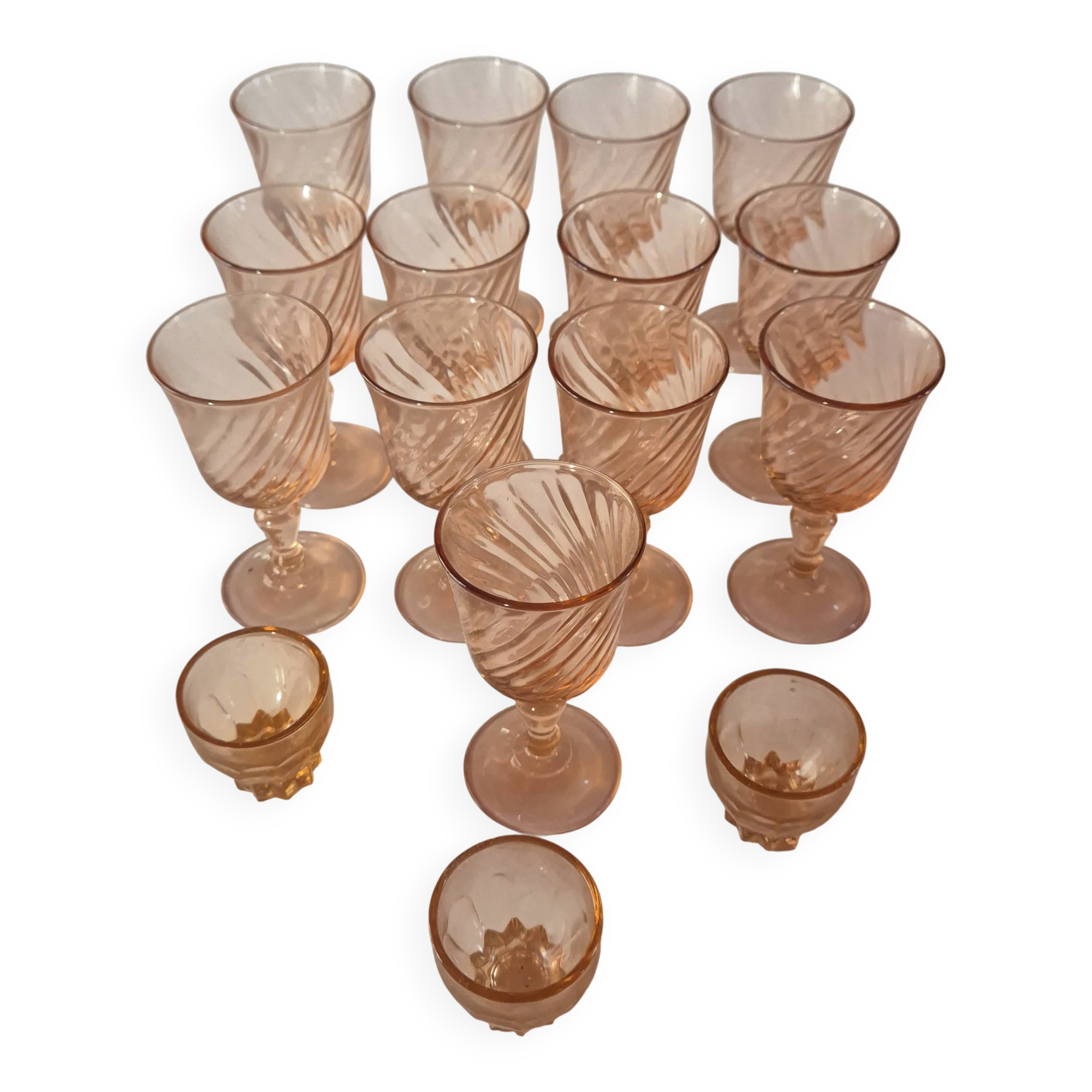 set of 12 stemmed glasses and 3 small vintage pink liqueur glasses in rosaline