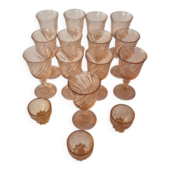 set of 12 stemmed glasses and 3 small vintage pink liqueur glasses in rosaline
