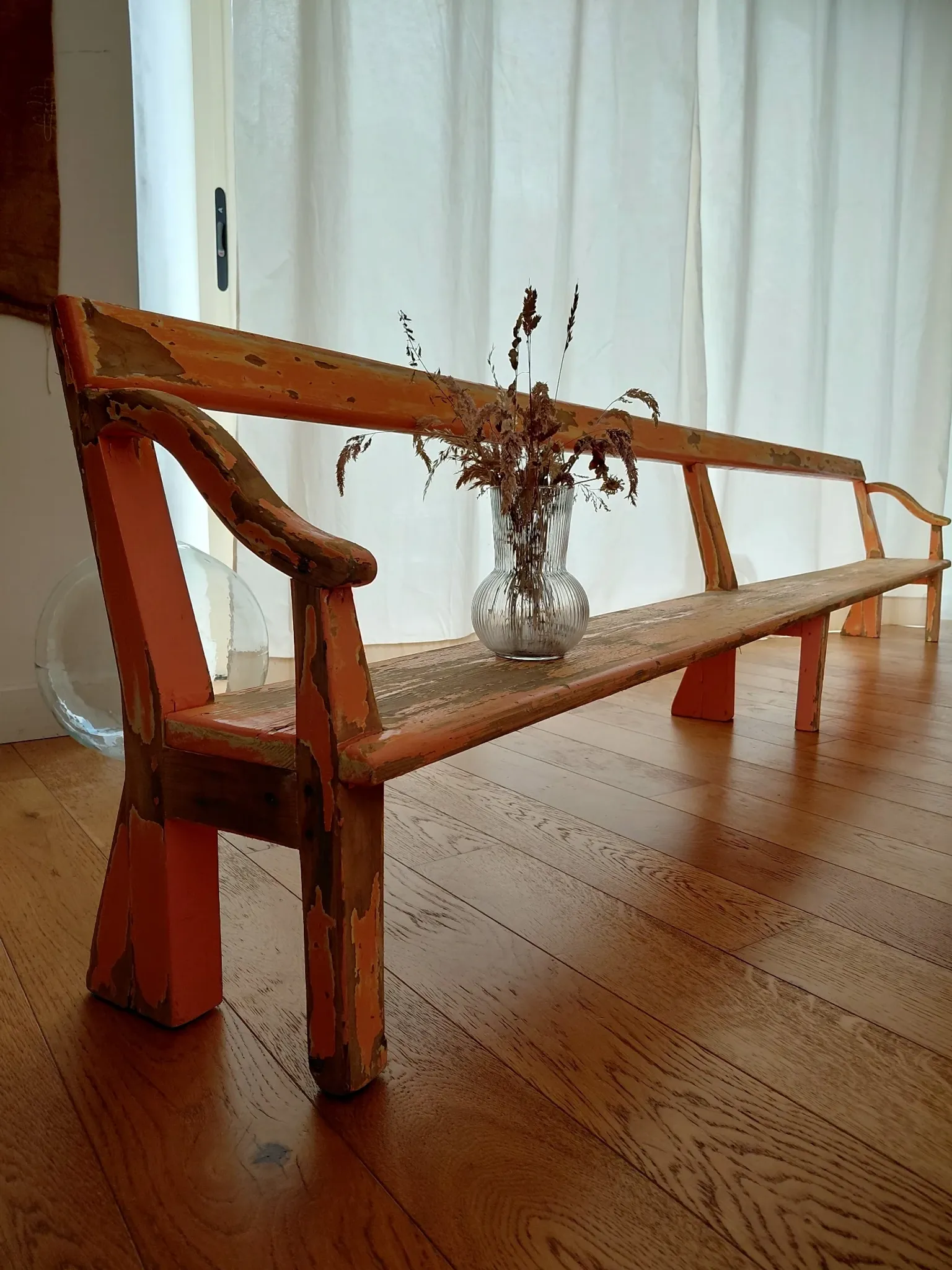 Large antique church bench 268 cm - Unique piece with flaking patina