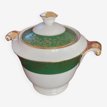 Sugar bowl - Limoges porcelain - gold and Empire green