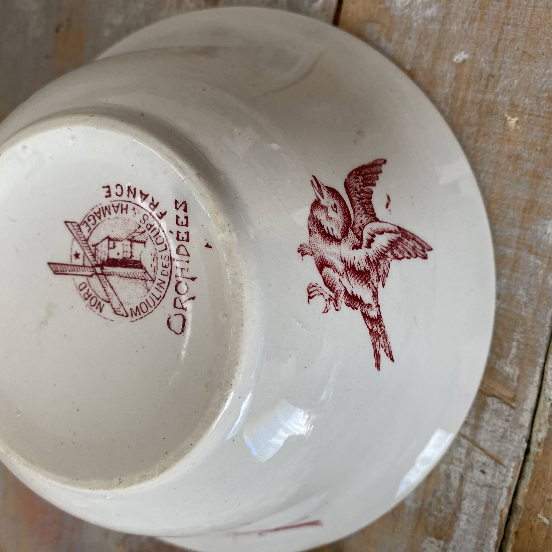 Ancient ironstone bowl Moulins des Loups "orchids"