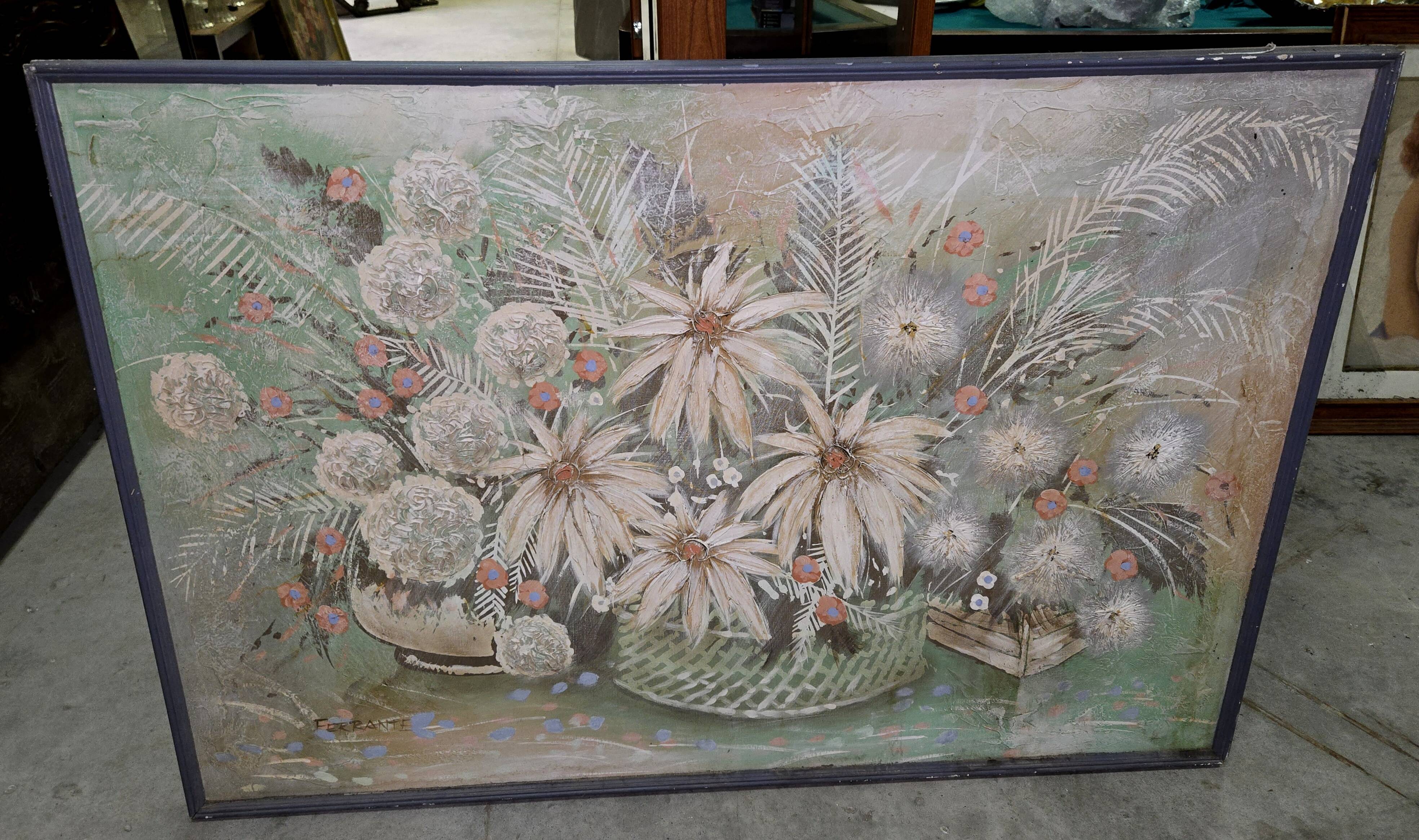 Grande huile sur toile – Nature morte florale – signée Ferrante – 105 x 156