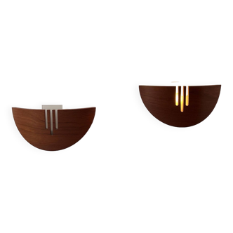 Pair of vintage wall lights, teak and sandblasted glass, France 1970