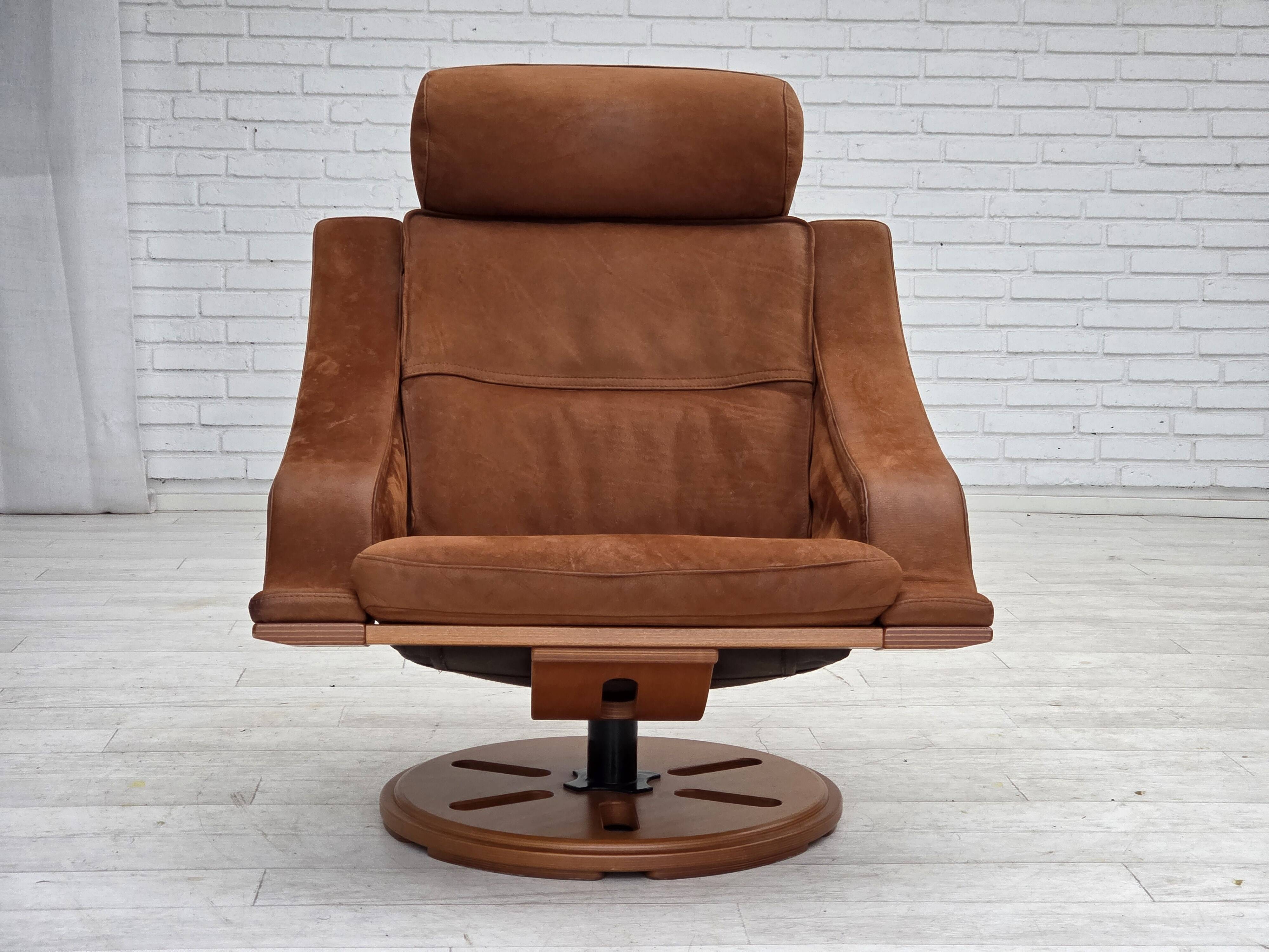 1980s, Swedish swivel armchair, nubuck leather, canvas, bent beech wood.