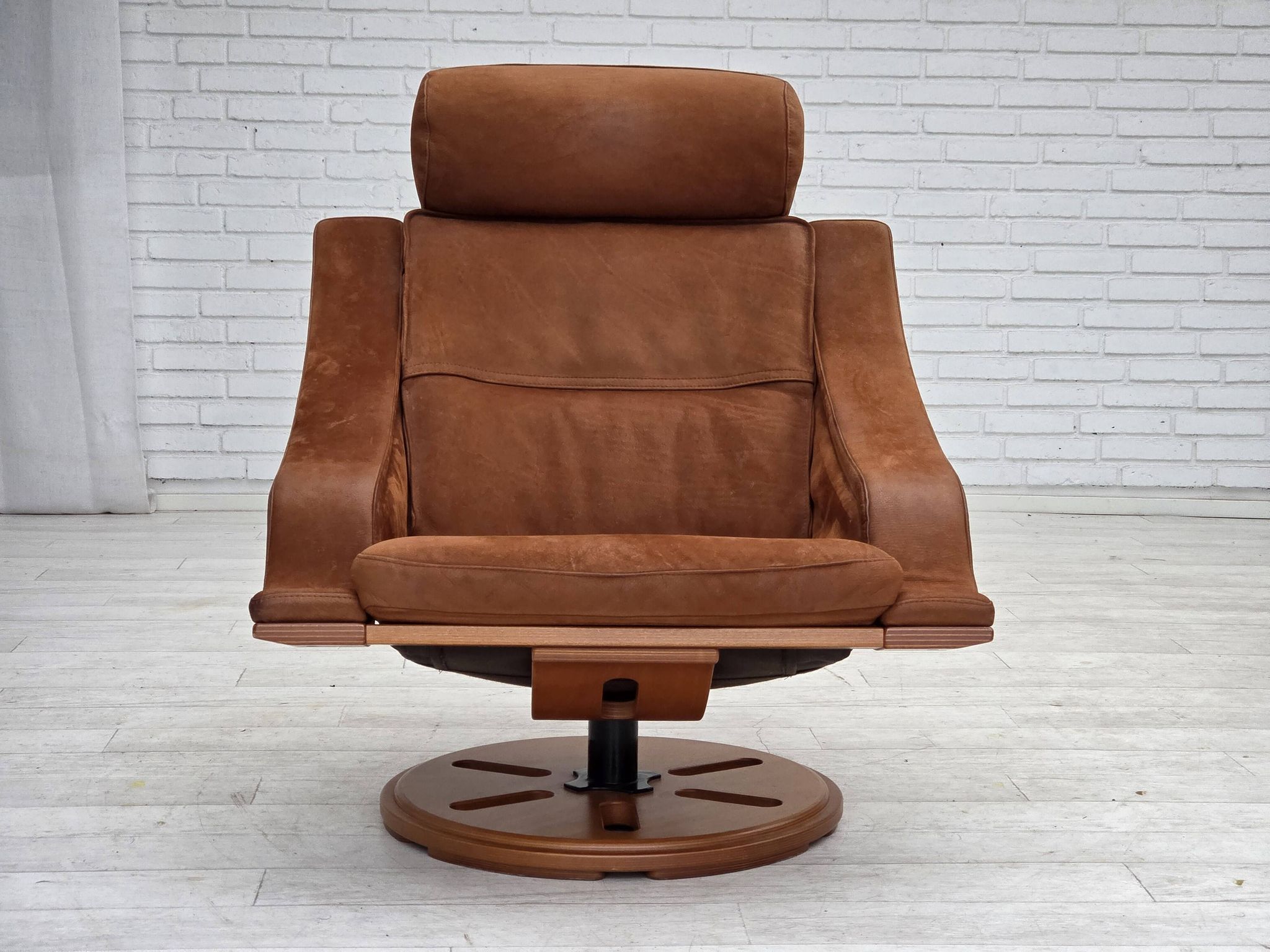 1980s, Swedish swivel armchair, nubuck leather, canvas, bent beech wood.