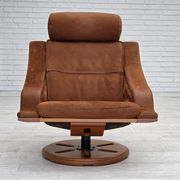 1980s, Swedish swivel armchair, nubuck leather, canvas, bent beech wood.