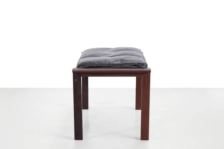 Footstool in solid wenge wood with black leather cushion, 1960