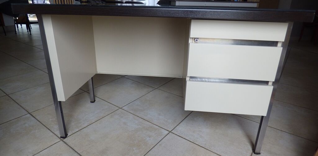 Industrial metal desk from the 70s with three drawers and glass top