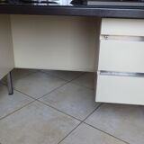 Industrial metal desk from the 70s with three drawers and glass top