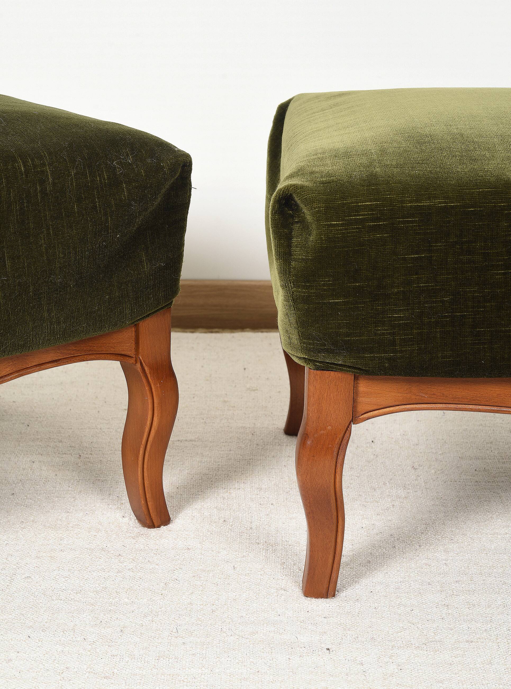 Pair of Pouf, Footrest, in green velvet