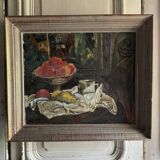 Oil on canvas 20th century still life with fruit and cloth, whitewashed frame
