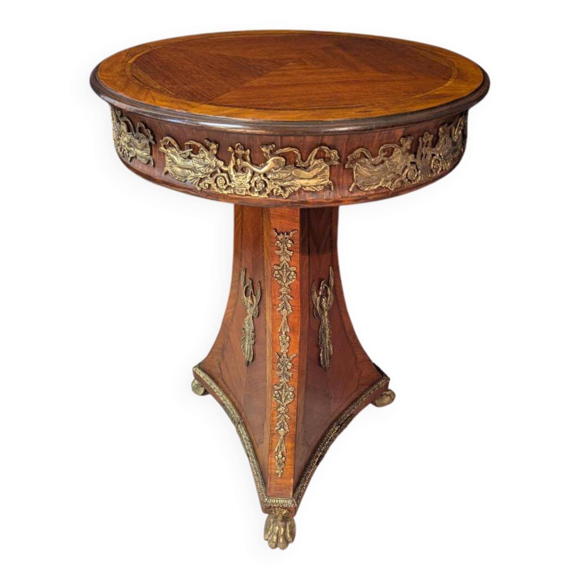 Circular gueridon in marquetry and bronze, Empire style