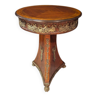 Circular gueridon in marquetry and bronze, Empire style