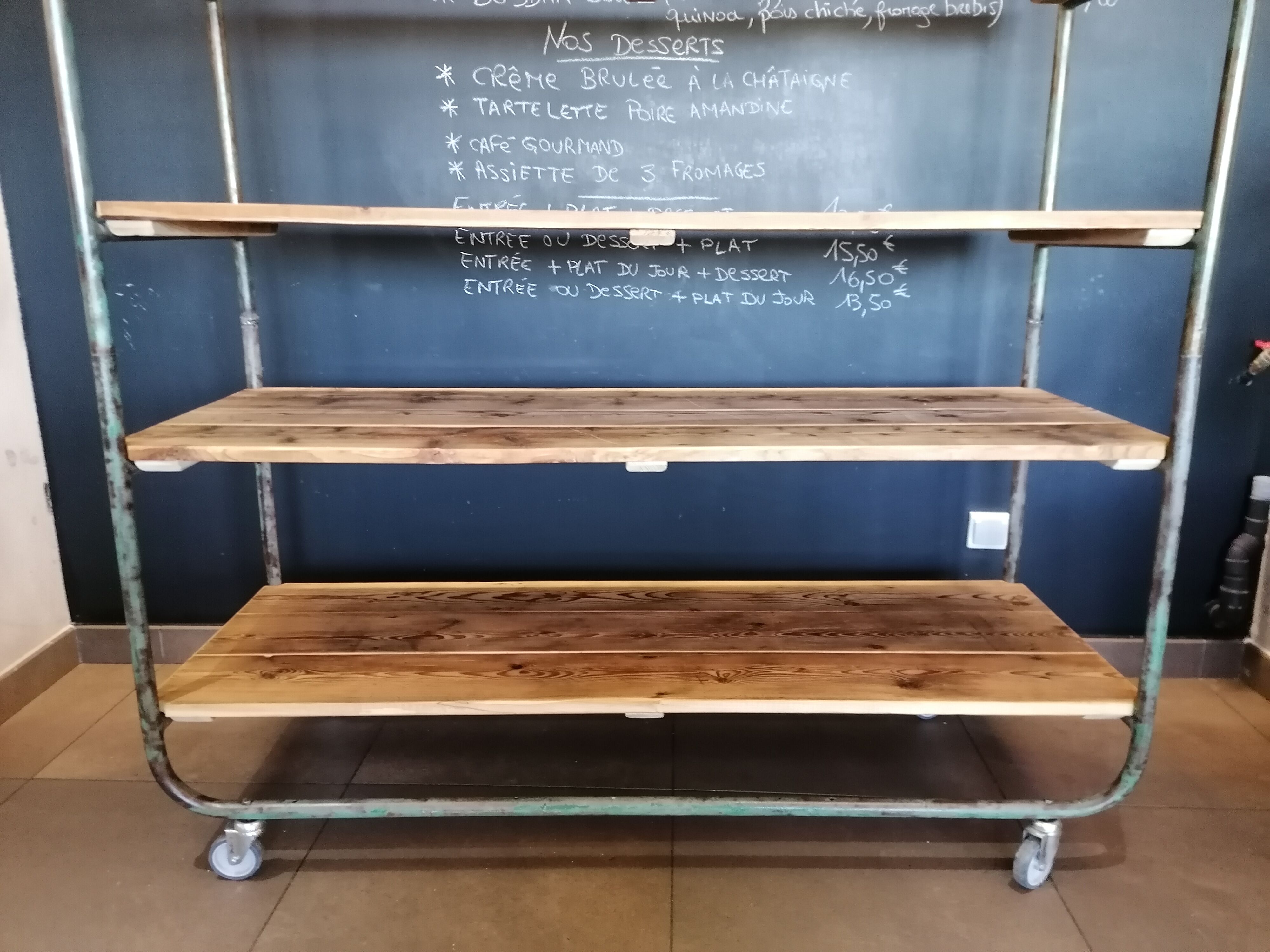 Steel and wooden shelf on wheels