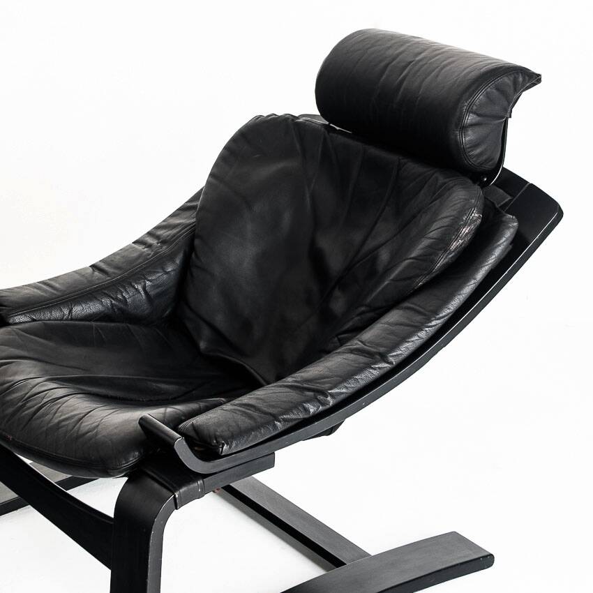 Kroken armchair in curved wood and leather. Design by Ake Fribytter for Nelo. Sweden, 80s