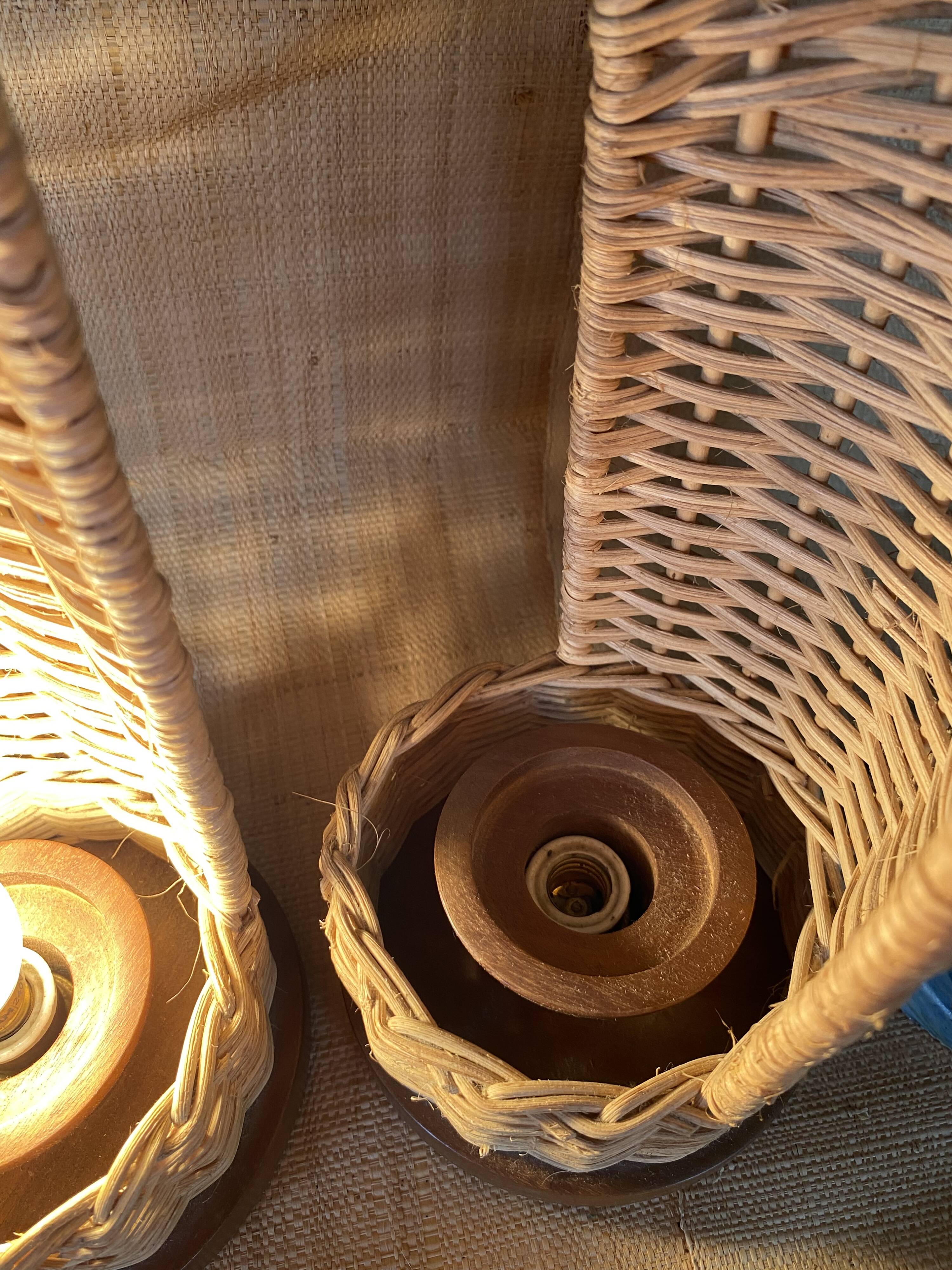 Duo de lampes rotin, câbles tissu neuf 2x2M