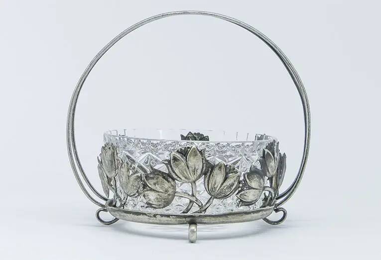 Postmodernist sugar bowl, silver-plated brass, glass, Poland, 1970s