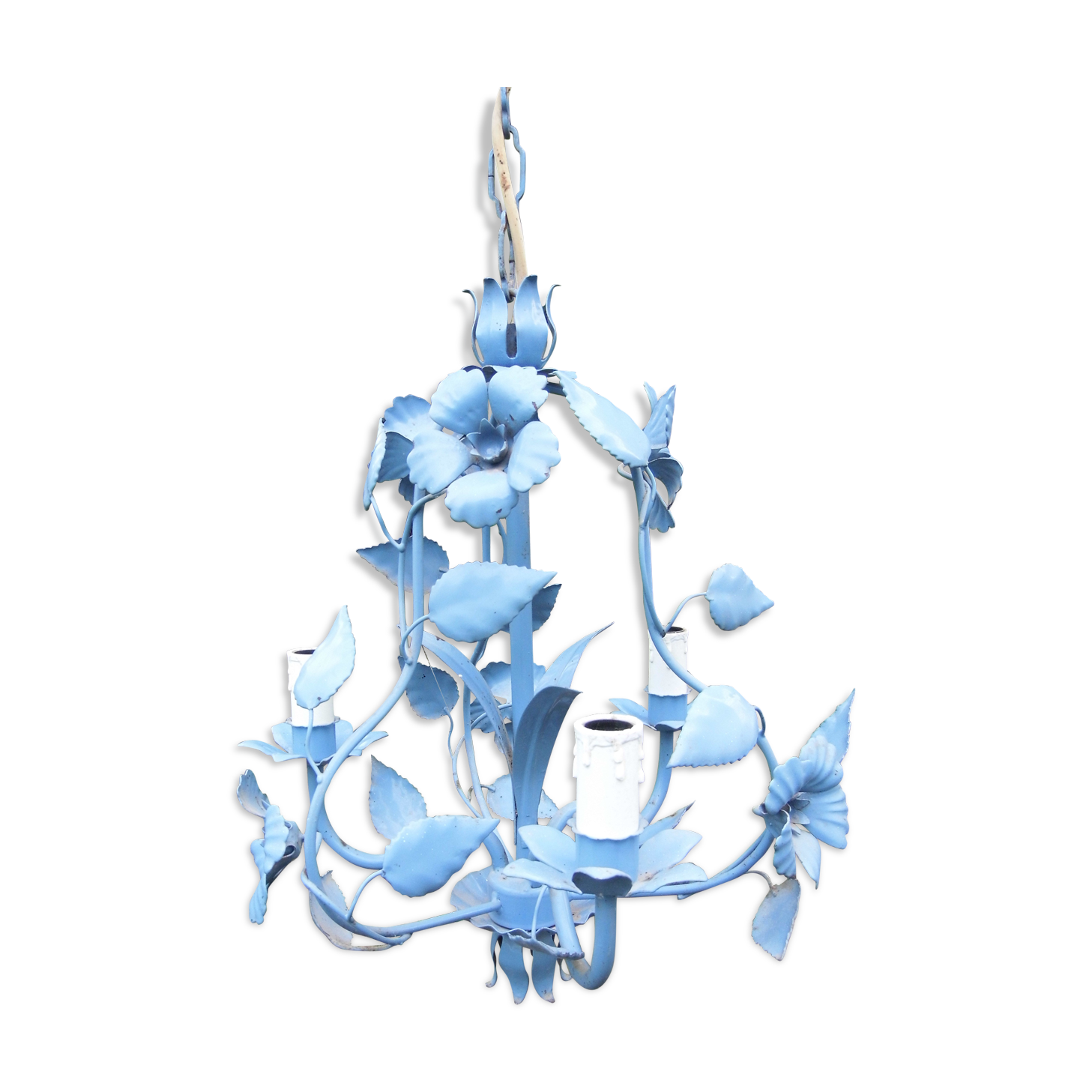Lustre fleuri blue enamelled sheet chandelier 80s vintage