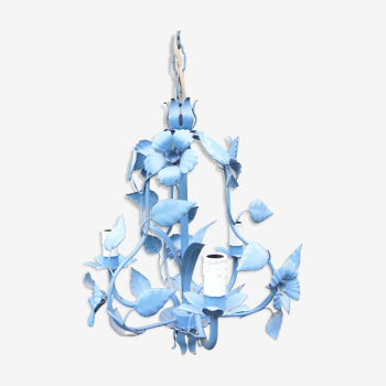 Lustre fleuri blue enamelled sheet chandelier 80s vintage