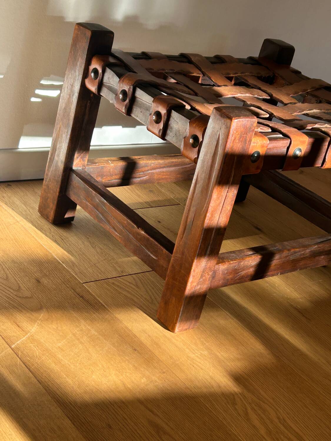 Wooden Brazilian Brutalist Leather Foot Stool Pouf