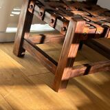 Wooden Brazilian Brutalist Leather Foot Stool Pouf