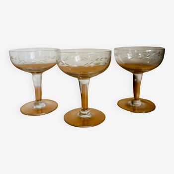 Set of 3 antique floral decoration champagne glasses