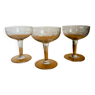 Set of 3 antique floral decoration champagne glasses
